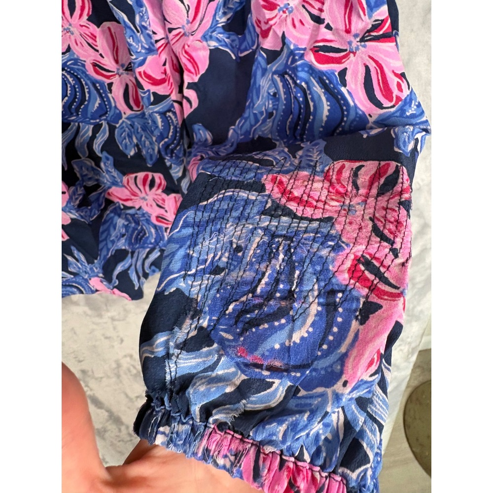 Lilly Pulitzer Elsa 100% Silk Blouse Top XXL Low Tide Navy Colorful Tropical - Picture 10 of 12